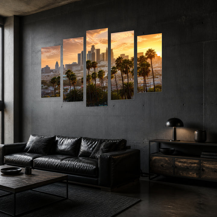 Los Angeles Sunset Glow — five-panel wall art in perspective interior | 5wallart 55680 M2