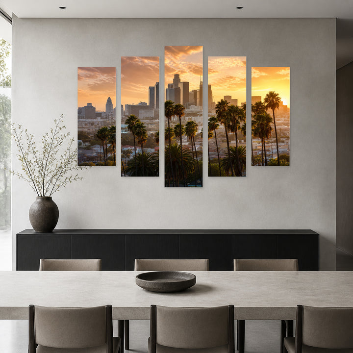 Los Angeles Sunset Glow — five-panel wall art in frontal interior | 5wallart 55680 M3