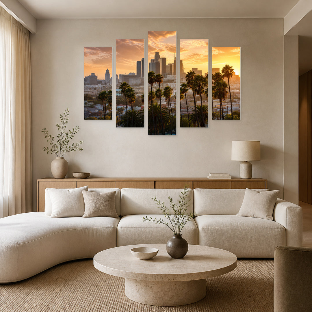 Los Angeles Sunset Glow — five-panel wall art in alternate frontal interior | 5wallart 55680 M4
