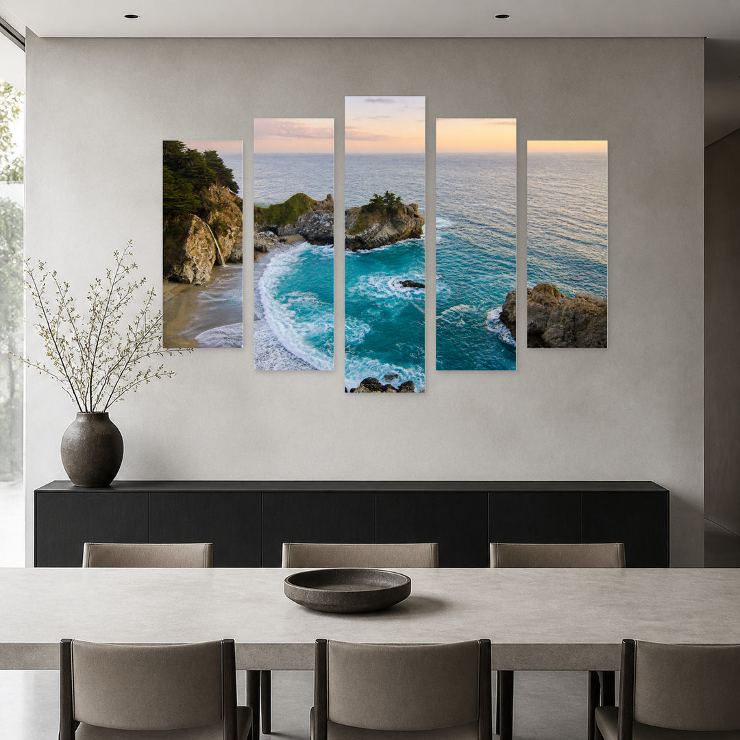 Bay in California with Dreamlike Atmosphere — five-panel wall art in alternate frontal interior | 5wallart 55681 M4