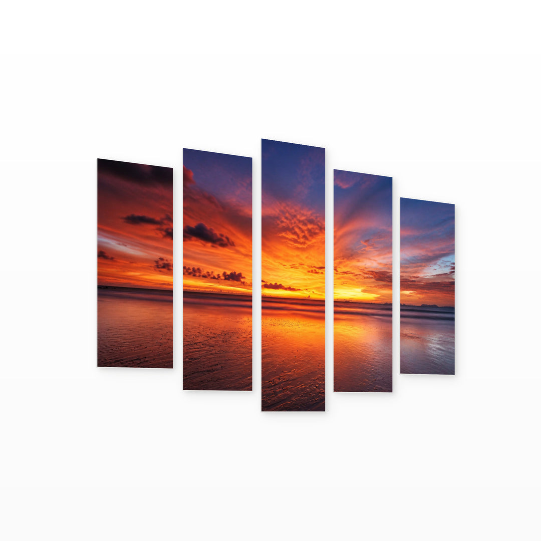 Golden Tropical Sea Sunset II — five-panel wall art on white background in perspective | 5wallart 55682 M1