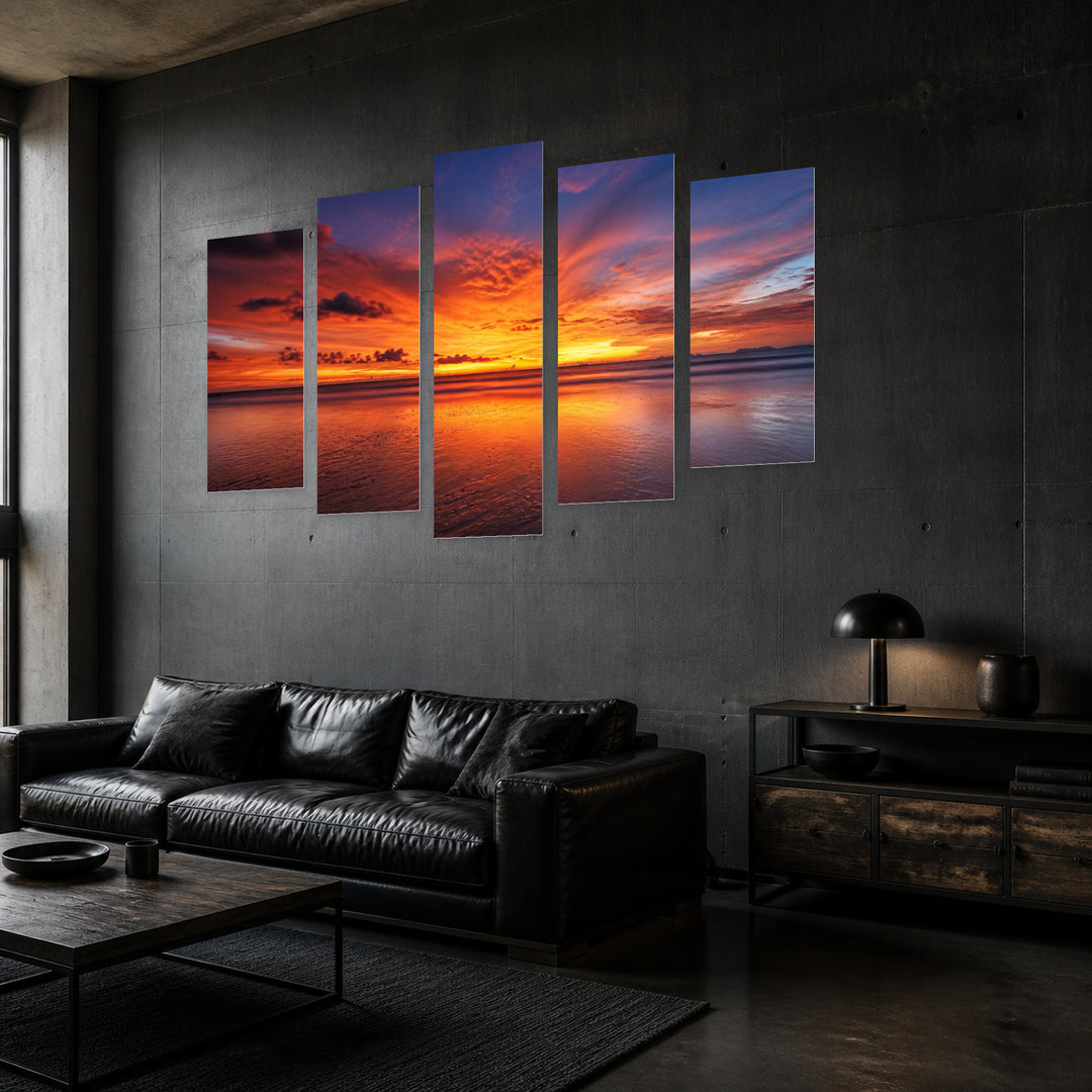 Golden Tropical Sea Sunset II — five-panel wall art in perspective interior | 5wallart 55682 M2
