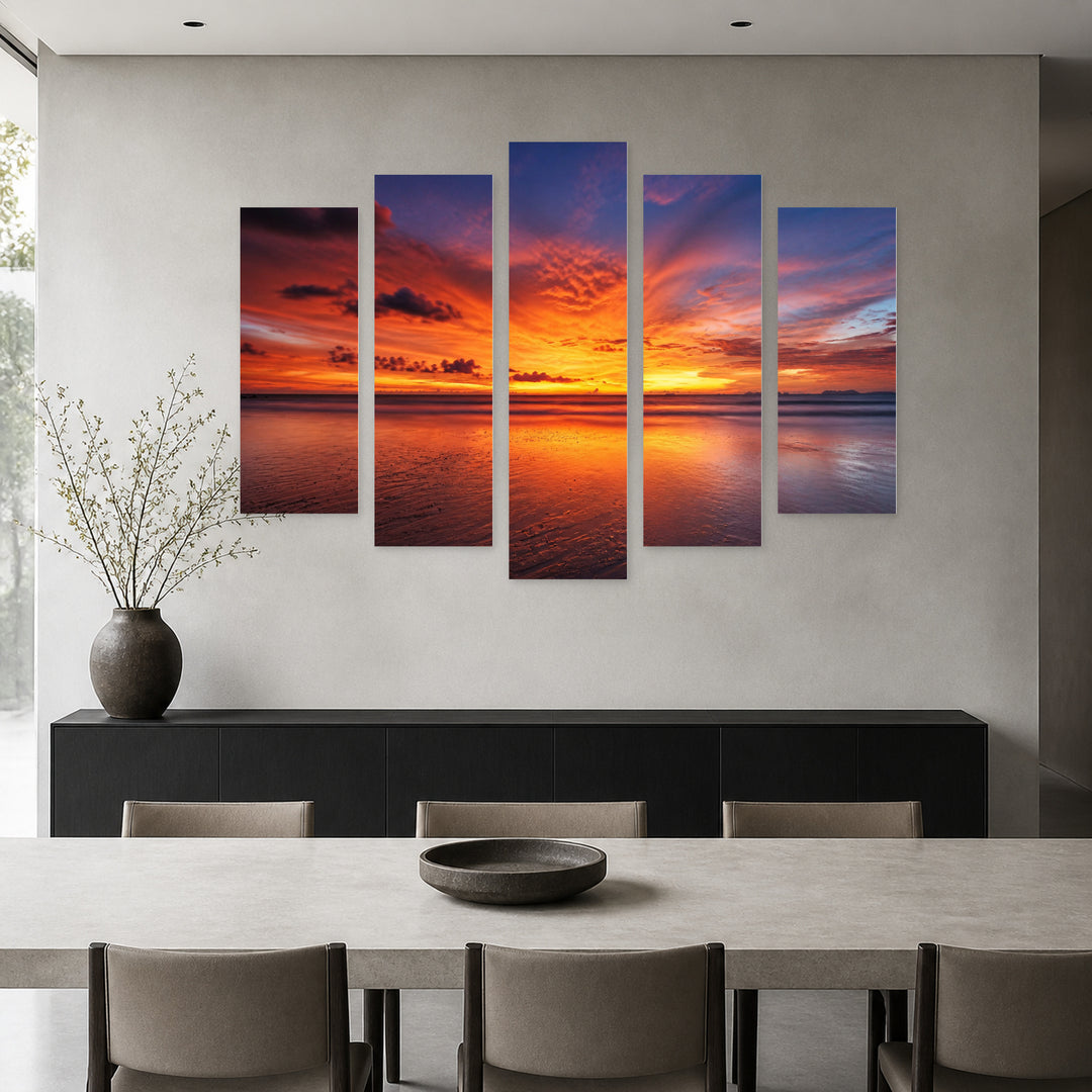 Golden Tropical Sea Sunset II — five-panel wall art in frontal interior | 5wallart 55682 M3