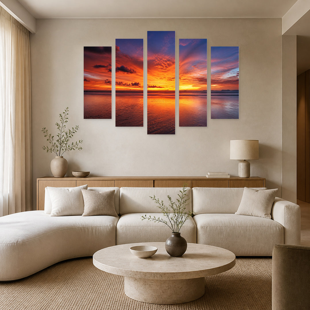 Golden Tropical Sea Sunset II — five-panel wall art in alternate frontal interior | 5wallart 55682 M4