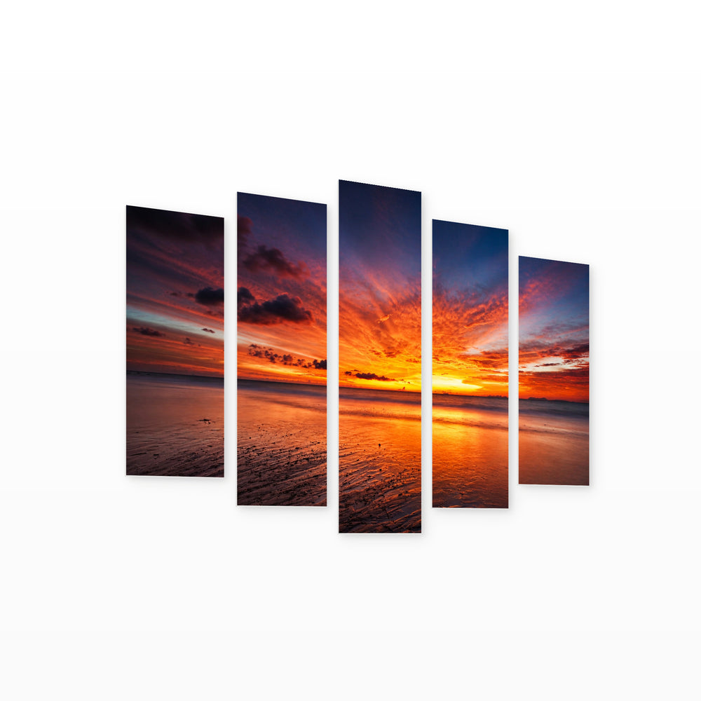 Golden Tropical Sea Sunset III — five-panel wall art on white background in perspective | 5wallart 55683 M1