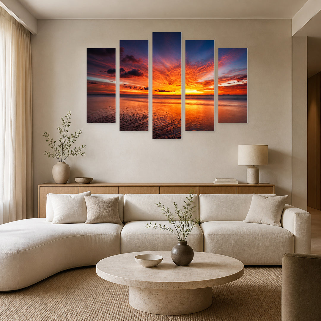 Golden Tropical Sea Sunset III — five-panel wall art in frontal interior | 5wallart 55683 M3