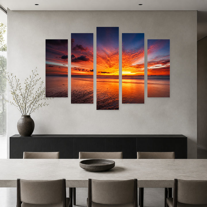 Golden Tropical Sea Sunset III — five-panel wall art in alternate frontal interior | 5wallart 55683 M4