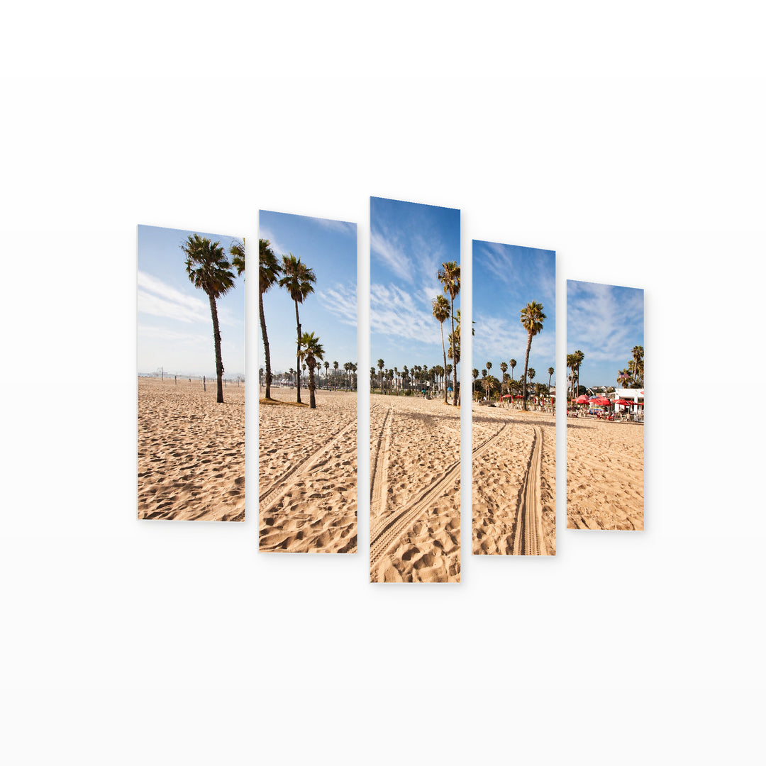 Beach in Santa Monica, California Coastal Panorama — five-panel wall art on white background in perspective | 5wallart 55684 M1