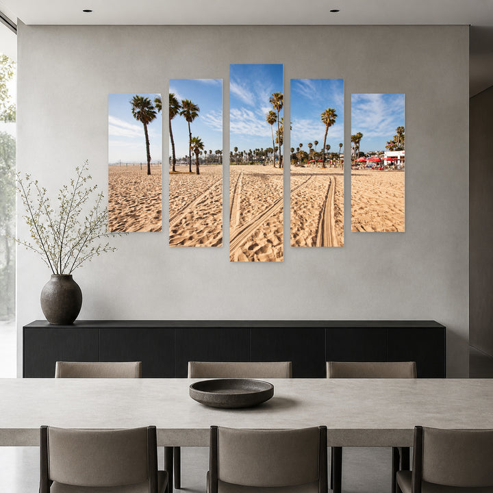 Beach in Santa Monica, California Coastal Panorama — five-panel wall art in frontal interior | 5wallart 55684 M3