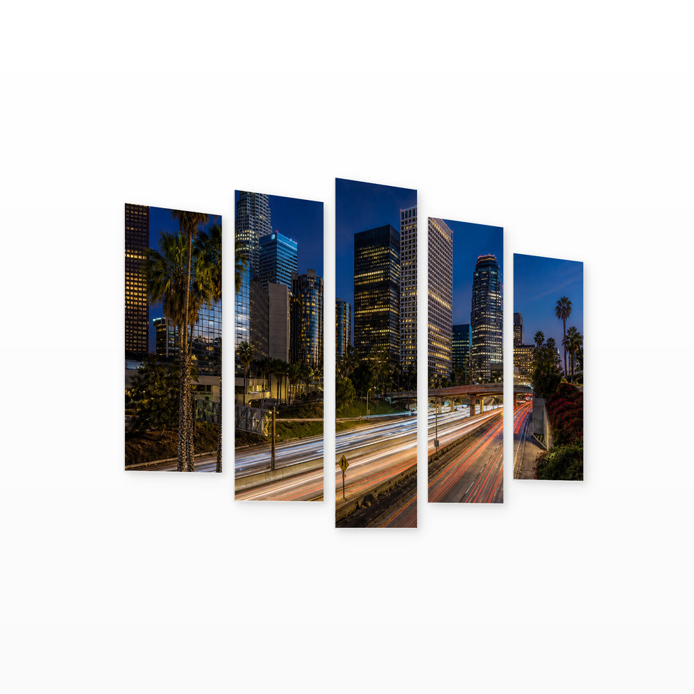 Downtown Los Angeles at Night II — five-panel wall art on white background in perspective | 5wallart 55686 M1