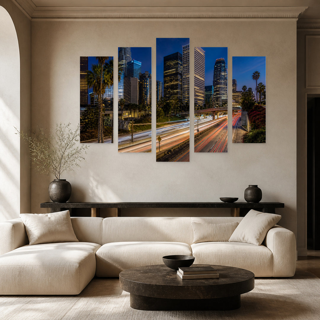 Downtown Los Angeles at Night II — five-panel wall art in alternate frontal interior | 5wallart 55686 M4