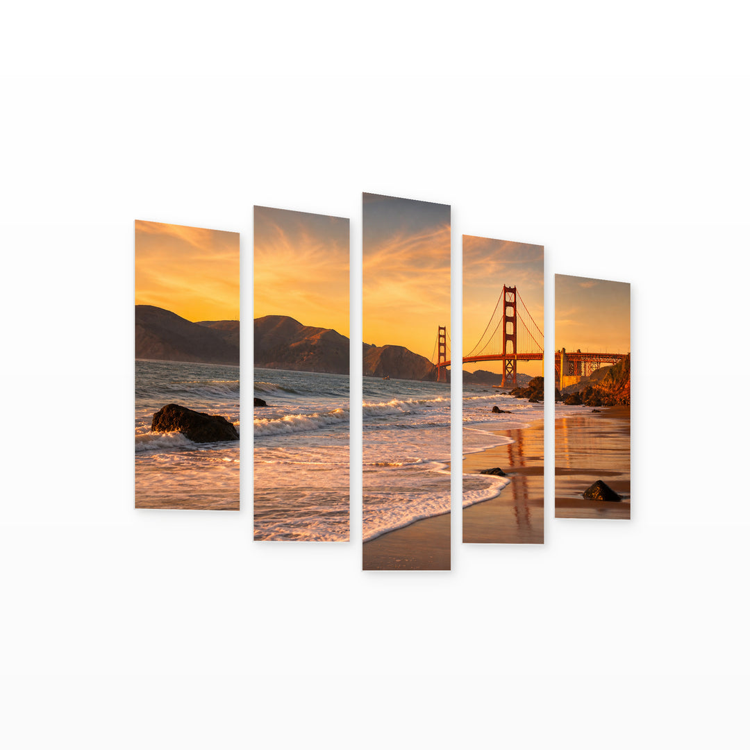 Golden Sunset over Golden Gate Bridge — five-panel wall art on white background in perspective | 5wallart 55687 M1