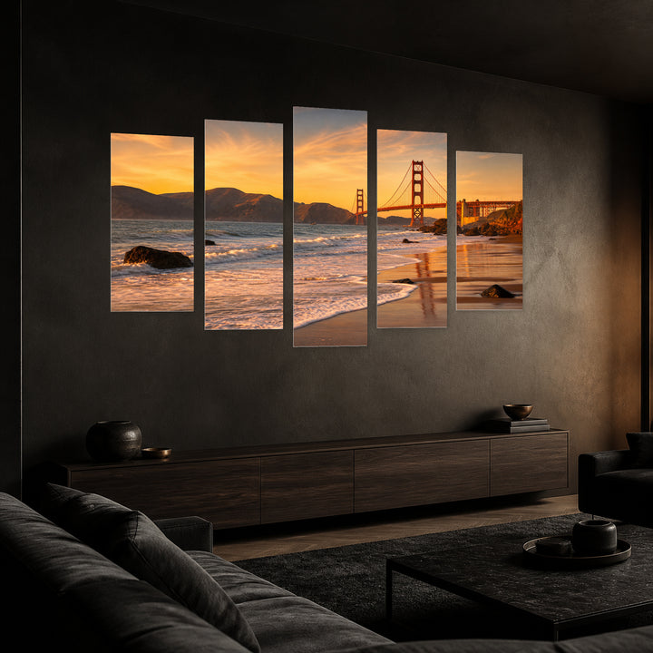 Golden Sunset over Golden Gate Bridge — five-panel wall art in perspective interior | 5wallart 55687 M2