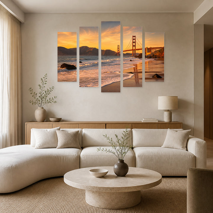 Golden Sunset over Golden Gate Bridge — five-panel wall art in frontal interior | 5wallart 55687 M3