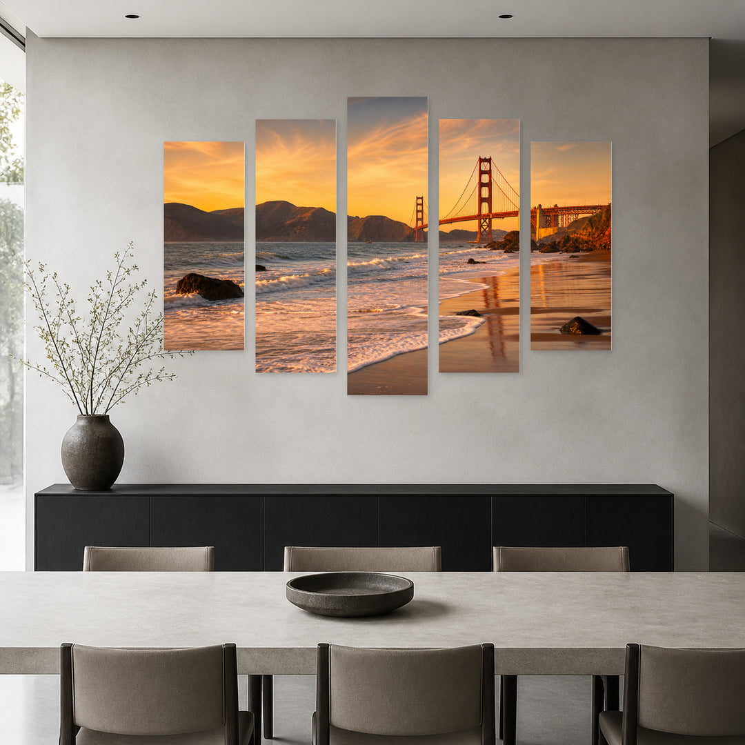 Golden Sunset over Golden Gate Bridge — five-panel wall art in alternate frontal interior | 5wallart 55687 M4