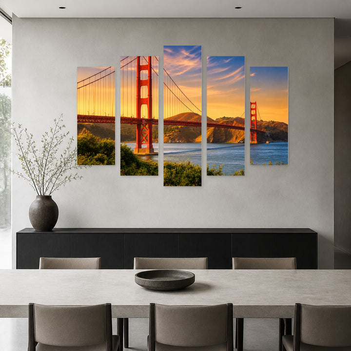 Golden Gate Bridge at Golden Sunset II — five-panel wall art in frontal interior | 5wallart 55690 M3