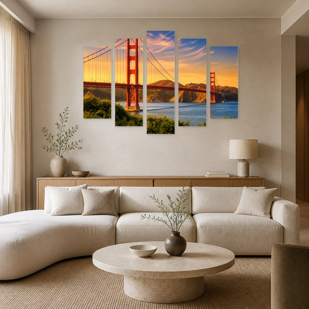 Golden Gate Bridge at Golden Sunset II — five-panel wall art in alternate frontal interior | 5wallart 55690 M4