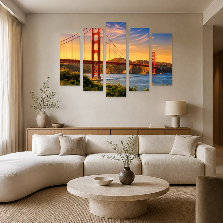 Golden Gate Bridge at Golden Sunset II — five-panel wall art in alternate frontal interior | 5wallart 55690 M4