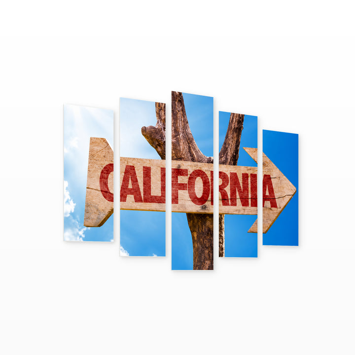 Wooden California Sign with Vintage Character — five-panel wall art on white background in perspective | 5wallart 55691 M1