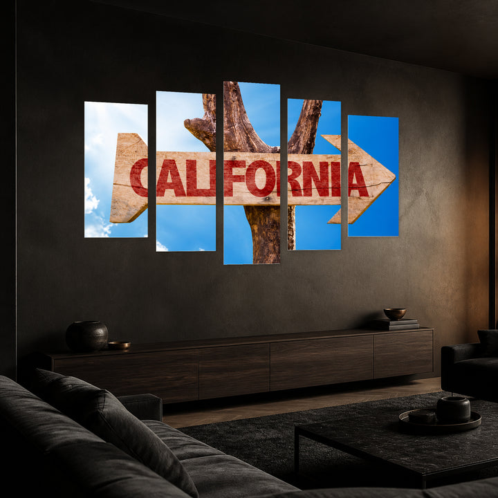 Wooden California Sign with Vintage Character — five-panel wall art in perspective interior | 5wallart 55691 M2