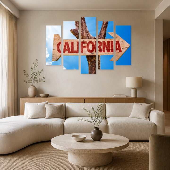 Wooden California Sign with Vintage Character — five-panel wall art in frontal interior | 5wallart 55691 M3