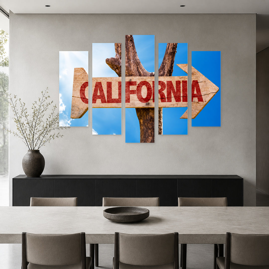 Wooden California Sign with Vintage Character — five-panel wall art in alternate frontal interior | 5wallart 55691 M4