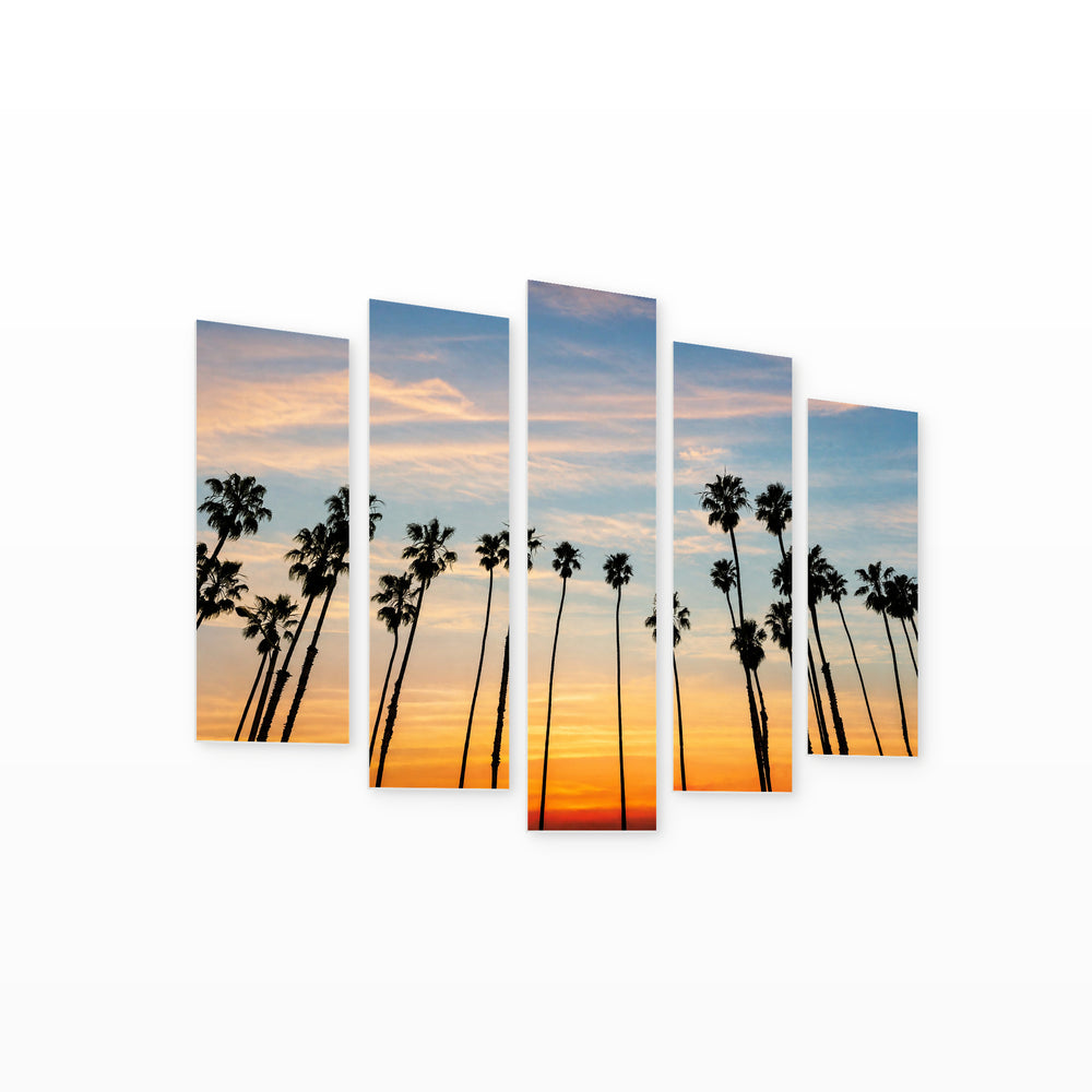 Californian Sunset with Palms in Serene Light — five-panel wall art on white background in perspective | 5wallart 55692 M1