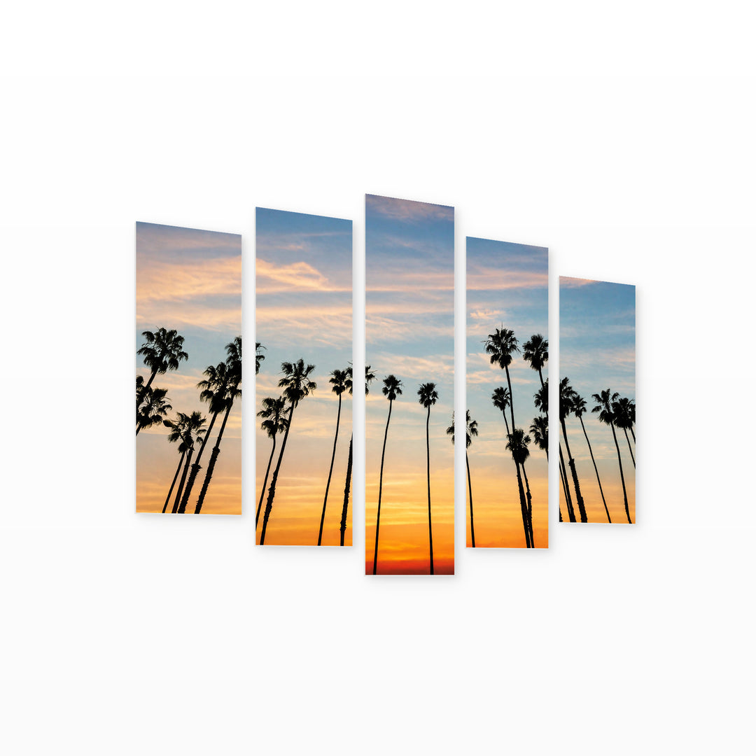 Californian Sunset with Palms in Serene Light — five-panel wall art on white background in perspective | 5wallart 55692 M1