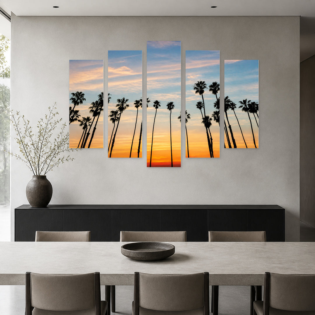 Californian Sunset with Palms in Serene Light — five-panel wall art in frontal interior | 5wallart 55692 M3
