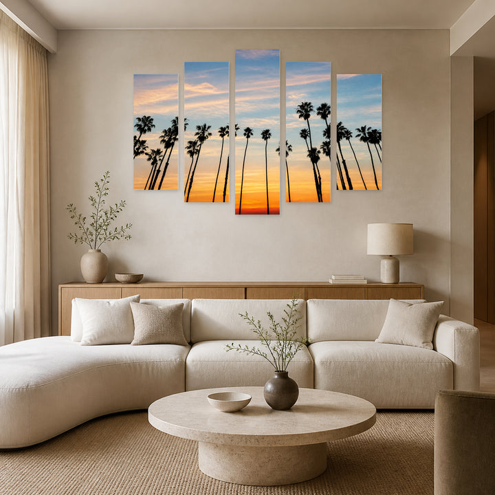 Californian Sunset with Palms in Serene Light — five-panel wall art in alternate frontal interior | 5wallart 55692 M4