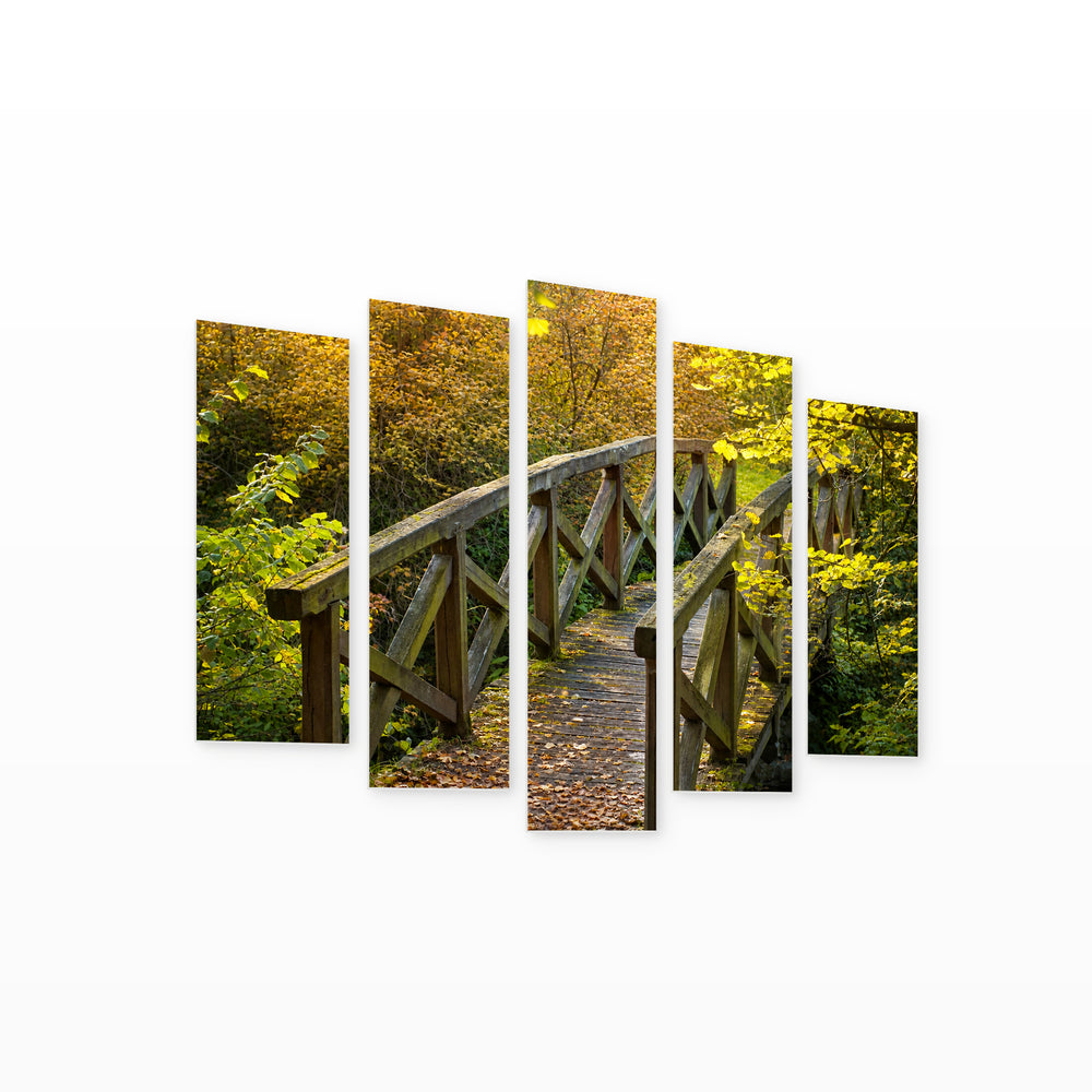 Wooden Bridge in the Forest in Serene Light — five-panel wall art on white background in perspective | 5wallart 55693 M1