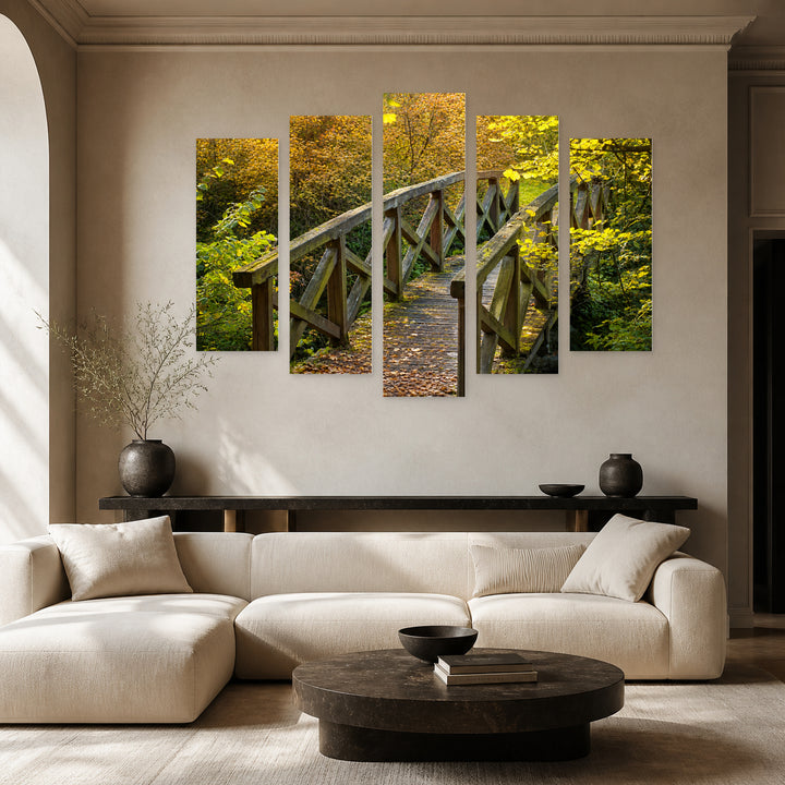Wooden Bridge in the Forest in Serene Light — five-panel wall art in frontal interior | 5wallart 55693 M3
