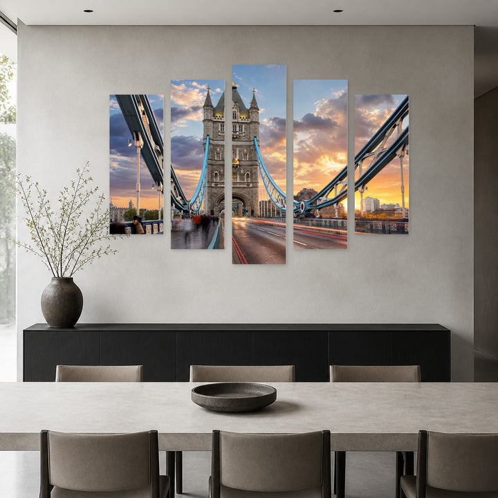 Tower Bridge, London in Blue and Gold — five-panel wall art in frontal interior | 5wallart 55694 M3