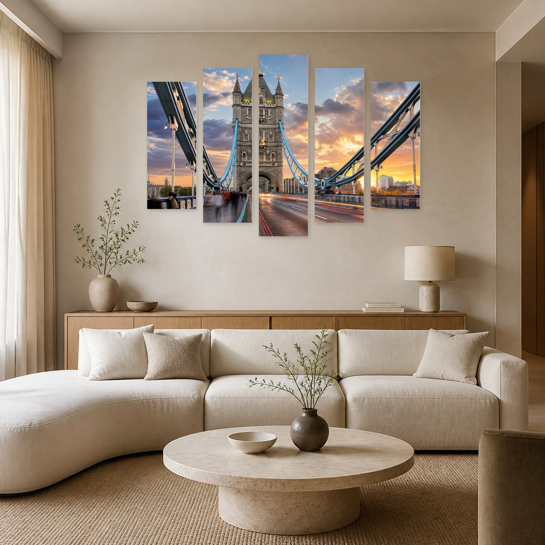 Tower Bridge, London in Blue and Gold — five-panel wall art in alternate frontal interior | 5wallart 55694 M4