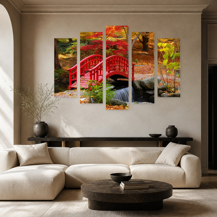 Japanese Garden with Geometric Rhythm — five-panel wall art in frontal interior | 5wallart 55695 M3