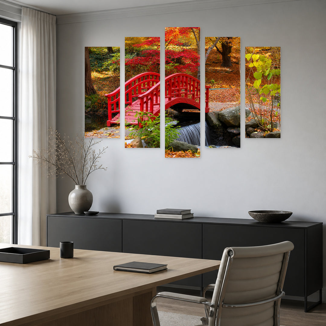 Japanese Garden with Geometric Rhythm — five-panel wall art in alternate frontal interior | 5wallart 55695 M4