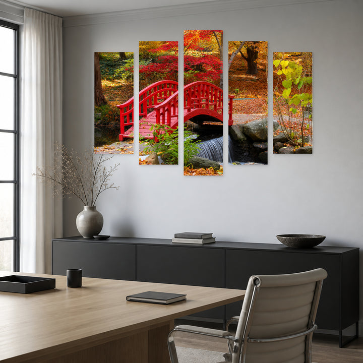 Japanese Garden with Geometric Rhythm — five-panel wall art in alternate frontal interior | 5wallart 55695 M4