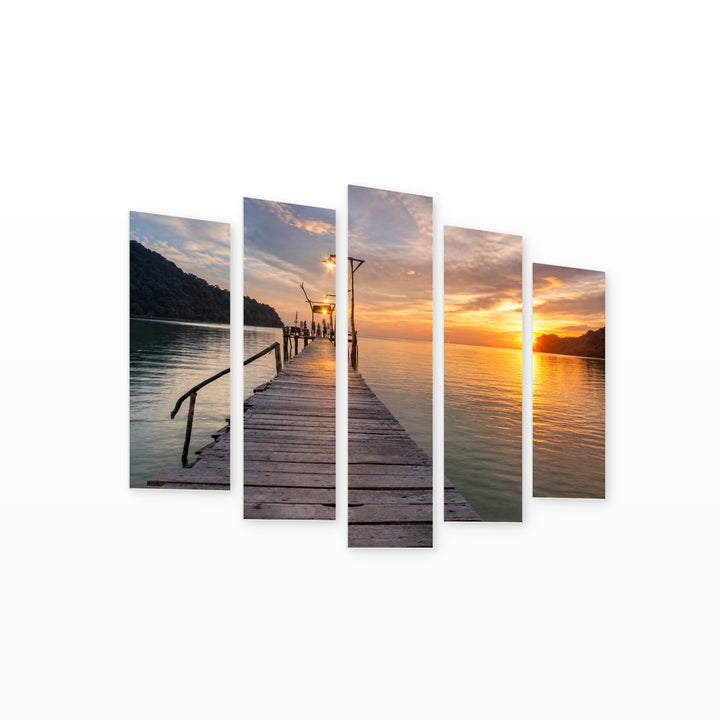 Golden Sunset over Wooden Bridge over the Sea — five-panel wall art on white background in perspective | 5wallart 55696 M1