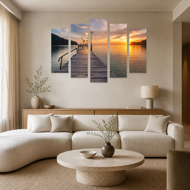 Golden Sunset over Wooden Bridge over the Sea — five-panel wall art in alternate frontal interior | 5wallart 55696 M4