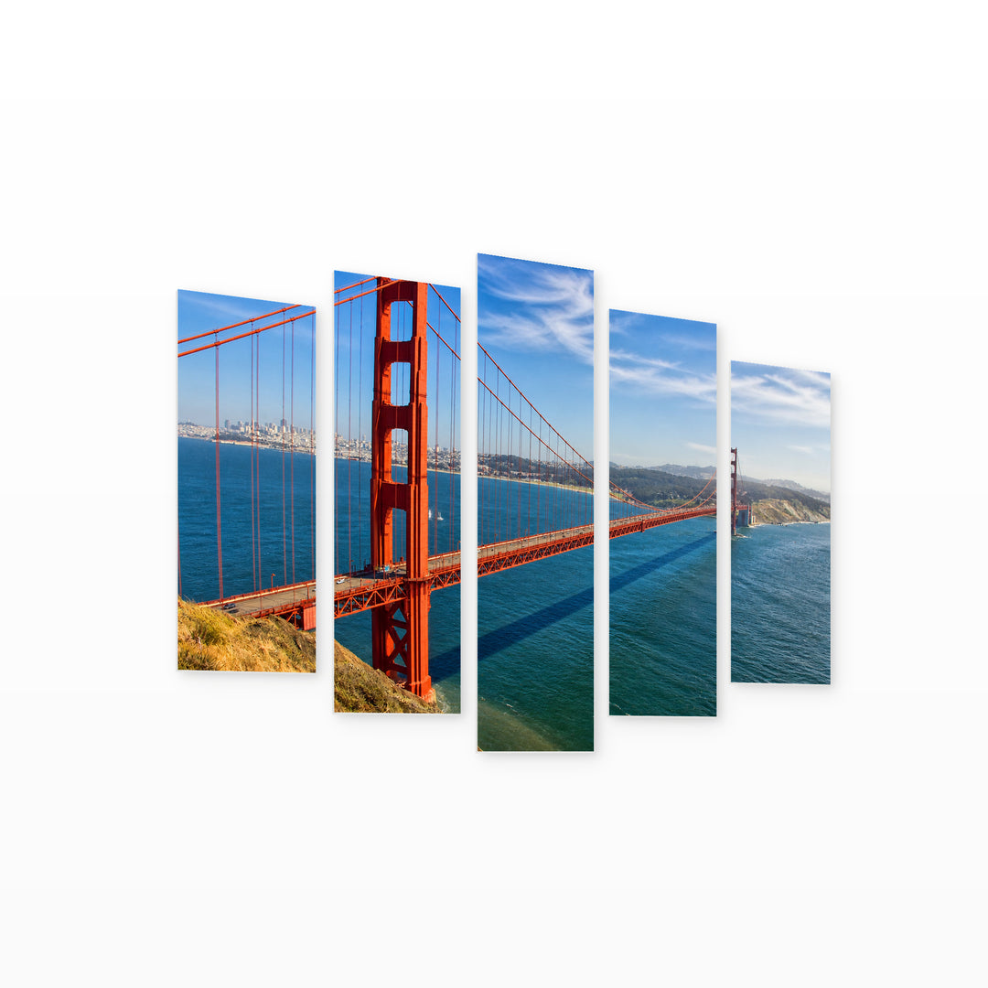 Bridge in San Francisco in Blue and Gold — five-panel wall art on white background in perspective | 5wallart 55697 M1