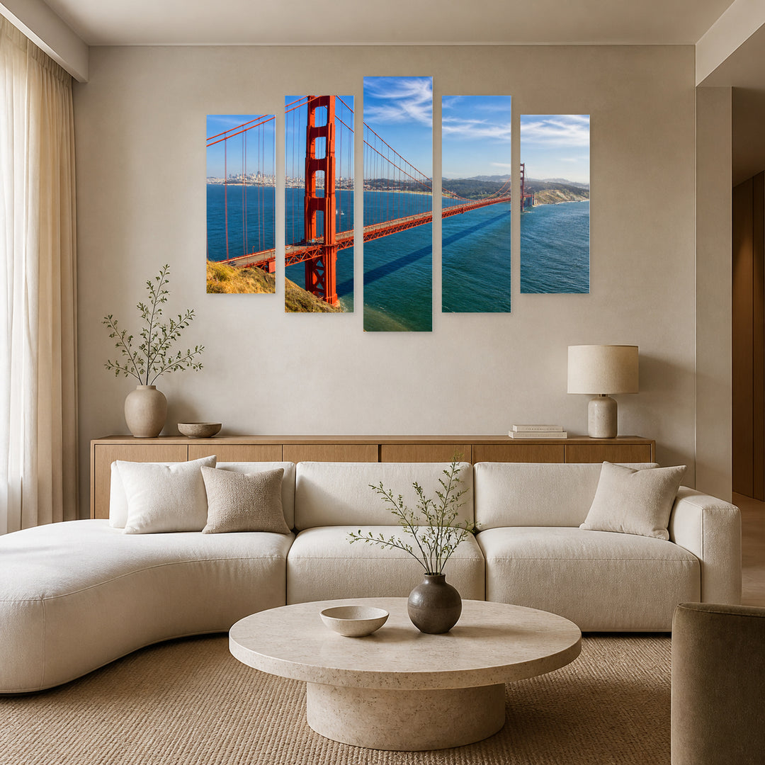 Bridge in San Francisco in Blue and Gold — five-panel wall art in frontal interior | 5wallart 55697 M3