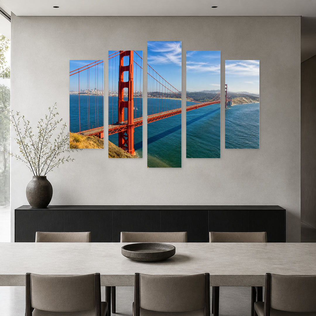 Bridge in San Francisco in Blue and Gold — five-panel wall art in alternate frontal interior | 5wallart 55697 M4