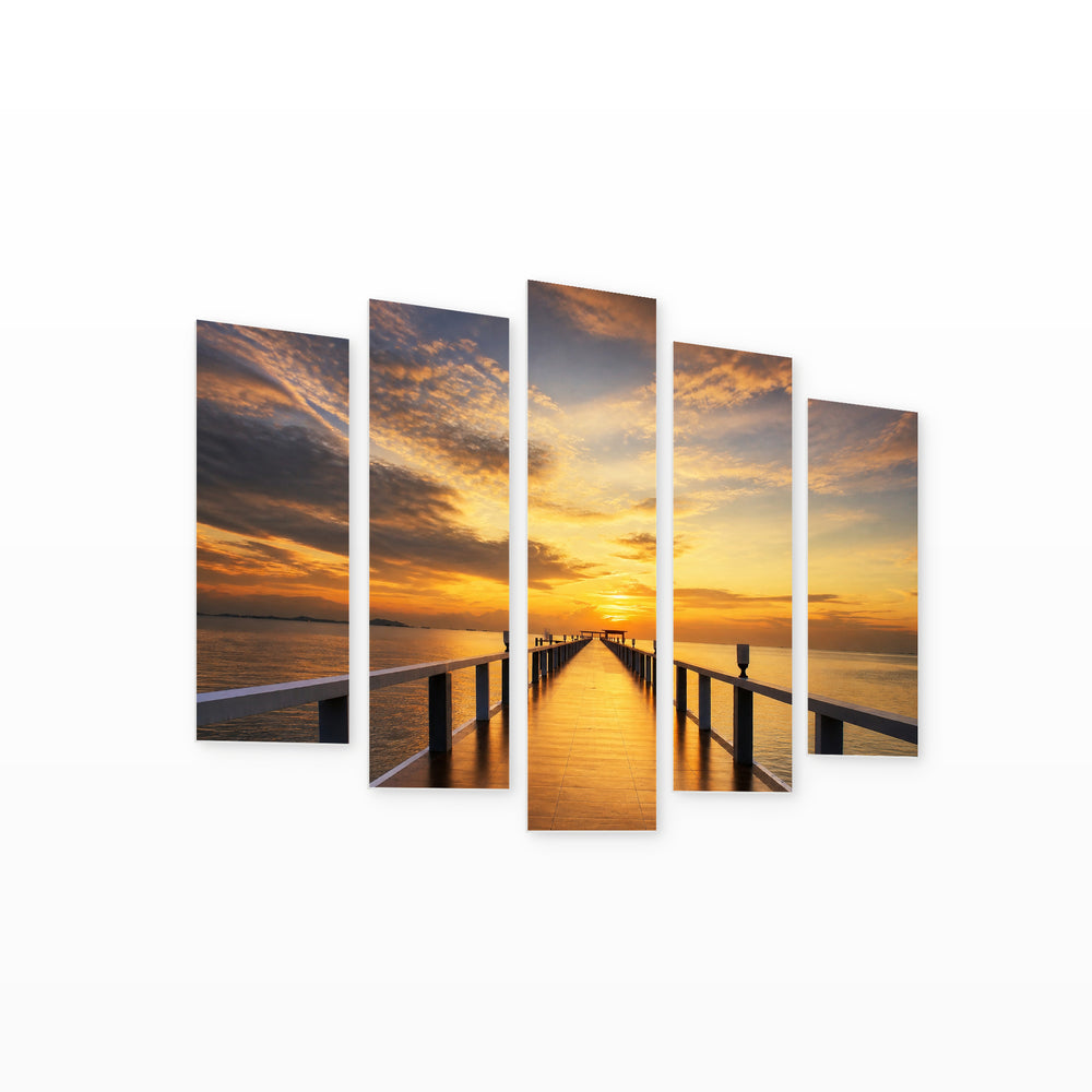 Golden Sunset over Wooden Bridge — five-panel wall art on white background in perspective | 5wallart 55698 M1