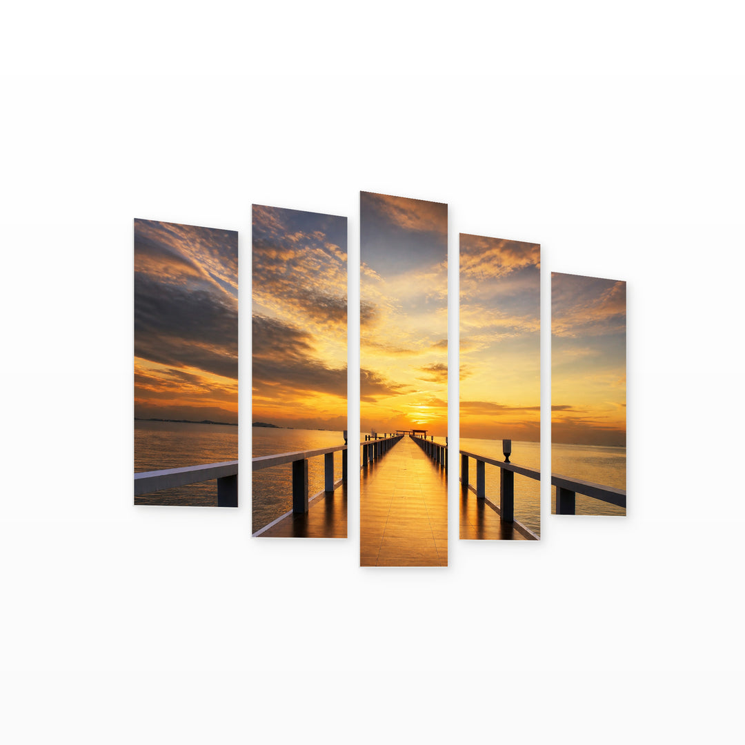 Golden Sunset over Wooden Bridge — five-panel wall art on white background in perspective | 5wallart 55698 M1