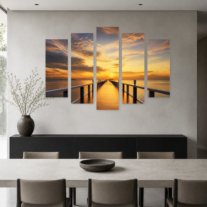 Golden Sunset over Wooden Bridge — five-panel wall art in frontal interior | 5wallart 55698 M3