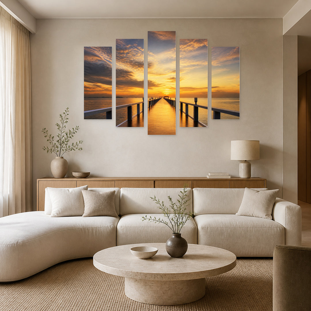 Golden Sunset over Wooden Bridge — five-panel wall art in alternate frontal interior | 5wallart 55698 M4