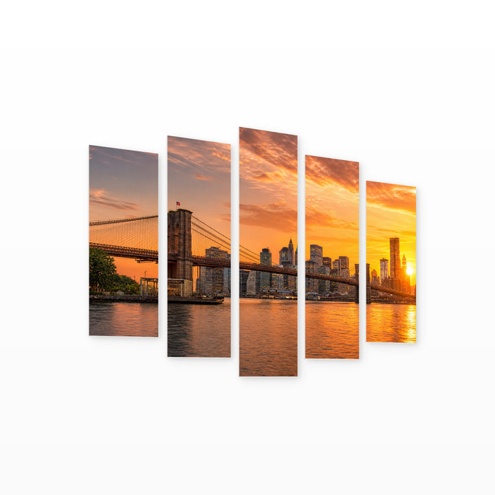 Brooklyn Bridge at Golden Sunset — five-panel wall art on white background in perspective | 5wallart 55699 M1