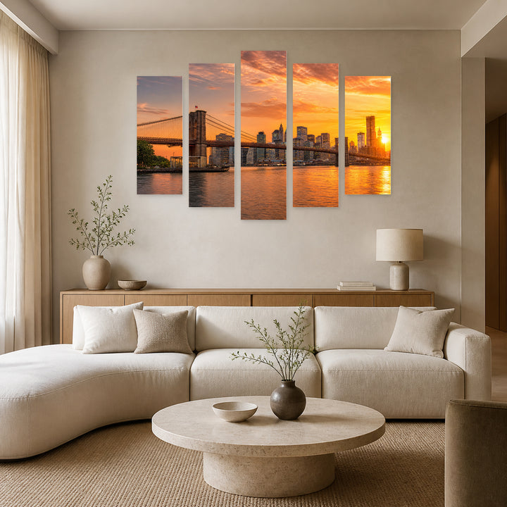 Brooklyn Bridge at Golden Sunset — five-panel wall art in frontal interior | 5wallart 55699 M3
