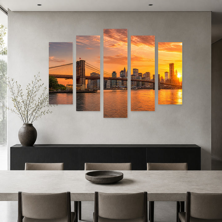 Brooklyn Bridge at Golden Sunset — five-panel wall art in alternate frontal interior | 5wallart 55699 M4
