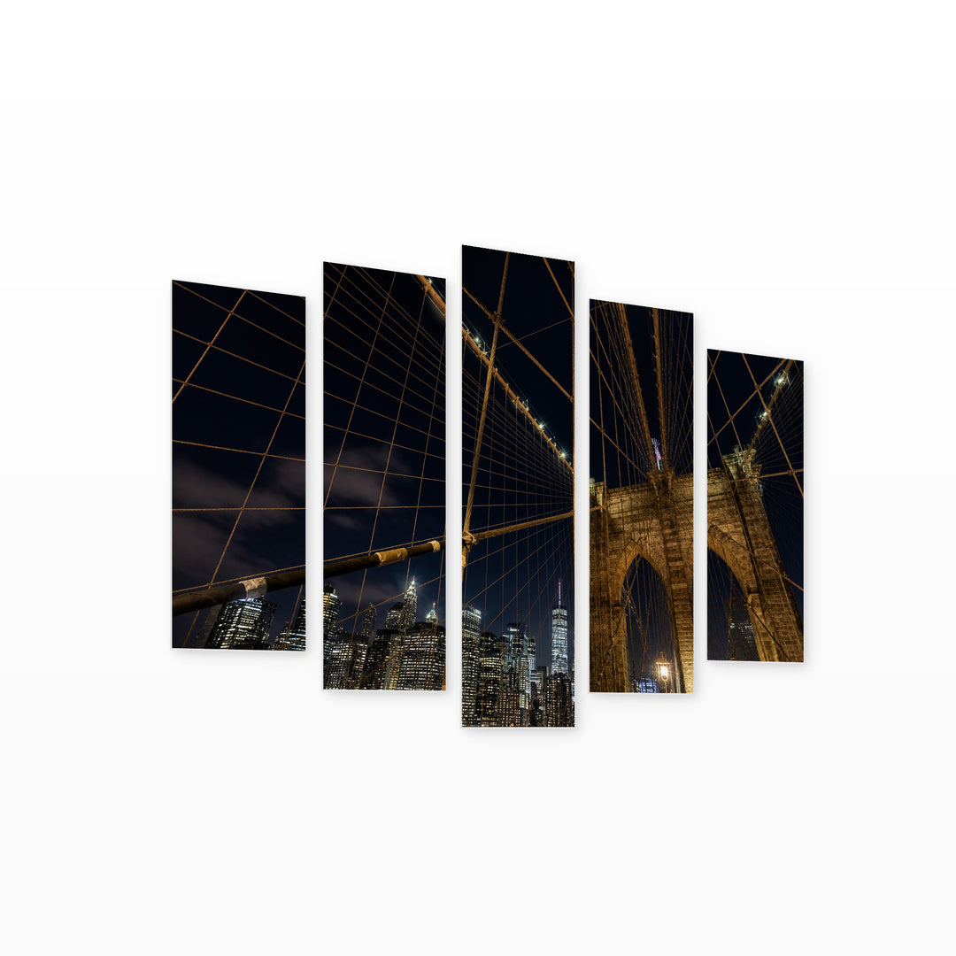 Manhattan Bridge, New York at Night — five-panel wall art on white background in perspective | 5wallart 55700 M1